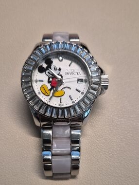 Invicta Silver Watch with Mickey Mouse and Crystal Accents